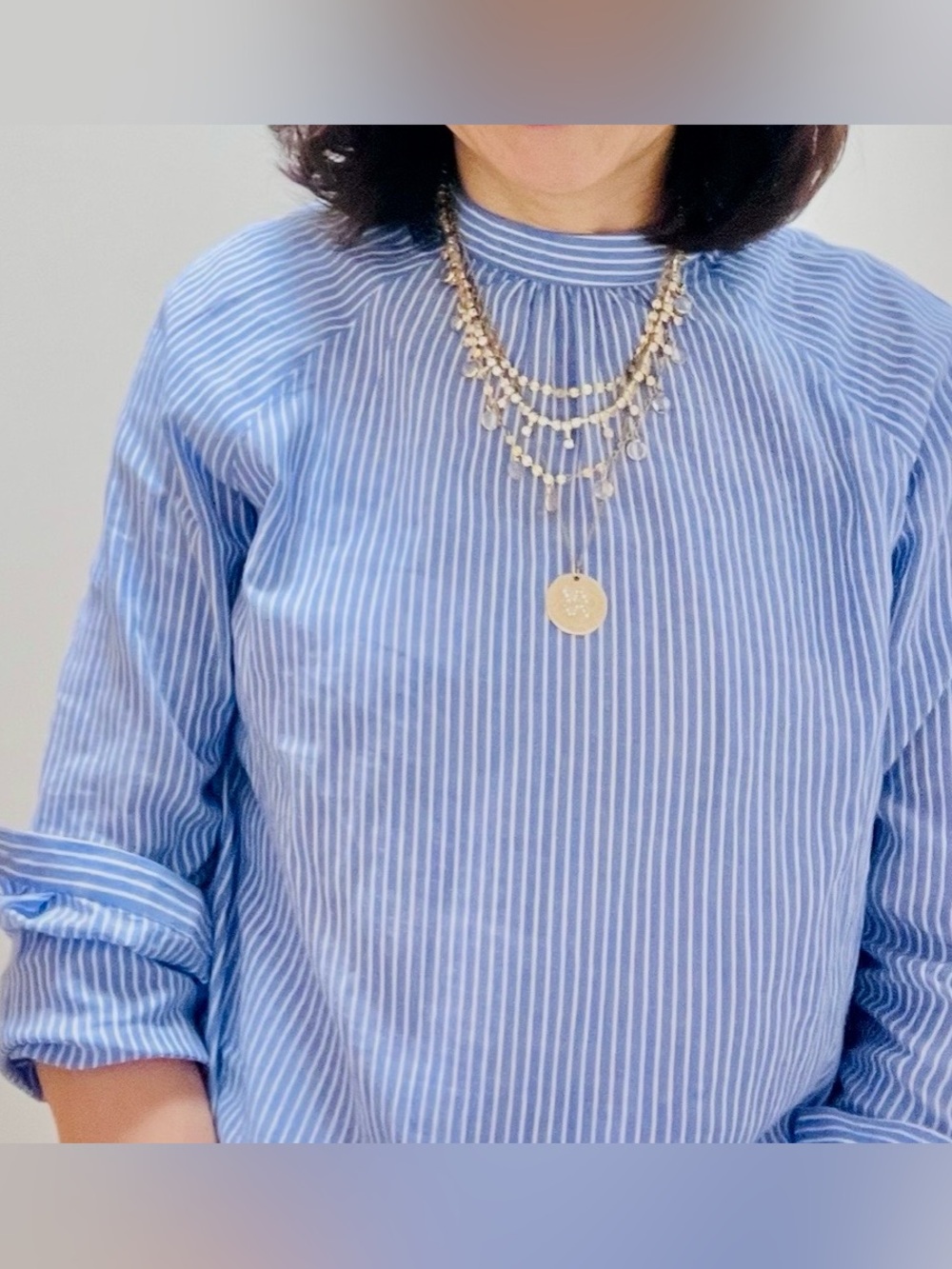 Sezane Blue White Pinstripe Women's cotton Blouse with back tie Sz 38